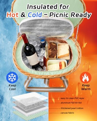 Picnic Basket Insulated with Lid, 5.2 Gal(19.6L) Wicker, Natural - Image 3