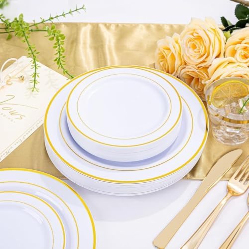 WELLIFE Gold Disposable Dinnerware Set for 100 Guests - 600PC BPA-Free Plastic Plates & Cutlery Kit with 100 Dinner Plates, Salad Plates, Forks, Knives, Spoons & Cups for Party, Catering (Heavy-Duty) - Image 3