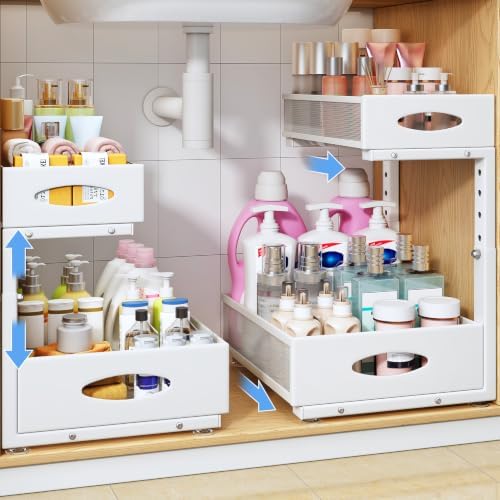 Under Sink Organizer, 2 Tier Pull Out Under Cabinet Organizer Shelf with Pad for Framed Cabinets, Metal Slide Out Under Sink Storage, Mesh Sliding Drawers for Kitchen Bathroom Laundry(White, 1 Pack) by PXRACK