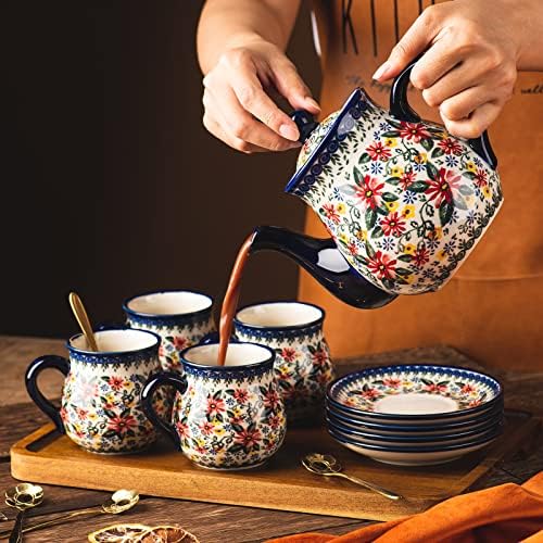 polish pottery style porcelain ceramic 10 piece Tea set,7.2oz tea cup and sauce set of 4,28.2oz teapot and wooden serving tray.（ Exotic Daisy） - Image 4