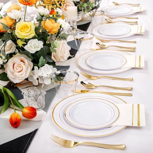 NOCCUR 700PCS Gold Plastic Plates - Gold Disposable Dinnerware Set for 100 - Include 200 Dinner/Dessert Plates, 300 Cutlery, 100 Cups, 100 Napkins, Idea for Wedding/Party/Fall/Thanksgiving - Image 6