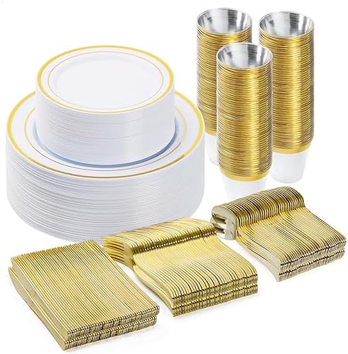 BESTVIP 300PCS Plastic Dinnerware Set, Gold Disposable Plates by Bestvip