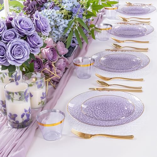 Rubtlamp 350 Pcs Clear Purple Plastic Plates, Gold Plastic Dinnerware Set (50 Guests), Purple Disposable Plates With Gold Rim, Hammered Party Plates Set for Wedding And Party - Image 4