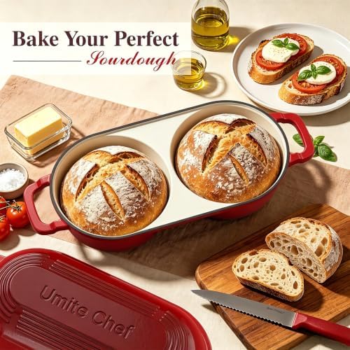 Umite Chef Dutch Oven for Bread Baking–Enamelled Cast Iron Dutch Oven Pot with Lid – 500°F Oven Safe–Double Round Loaf Bread Pan with 5" Banneton Proofing Baskets for Homemade Bread, Meatloaf, Cake - Image 3
