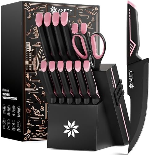ASETY 15 PCS Knife Set with Block and Sharpener, Dishwasher Safe, Pink by ASETY