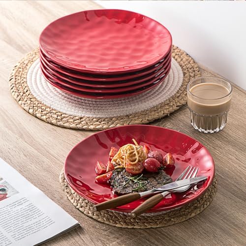 vicrays Ceramic Dinner Plates Set, 10 Inch, Microwave, Oven, Dishwasher Safe, Round, Porcelain Fluted Suitable for Steak, Pasta, Pizza, Home, Restaurant - Set of 6 Red - Image 5
