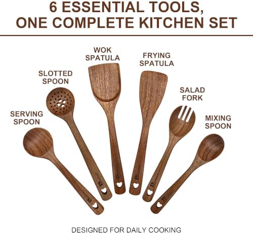 Acacia Wood Utensil Set,6 Piece, Heart Series Wooden Cooking Tools with 13.4" Long Handle Wok Spatula, Serving Spoon, Slotted Spoon, Frying Spatula, Salad Fork and Mixing Spoon - Image 3