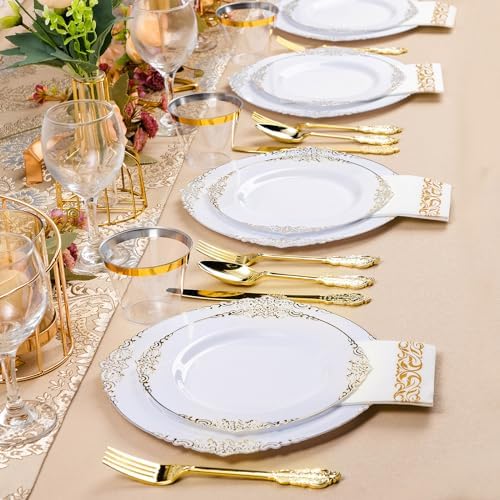Bestluck 350PCS White and Gold Plastic Plates for 50 Guests, Disposable Dinnerware Set Includes 100 Disposable Plates, 150 Gold Silverware, 50 Cups, 50 Napkins for Party, Wedding - Image 7