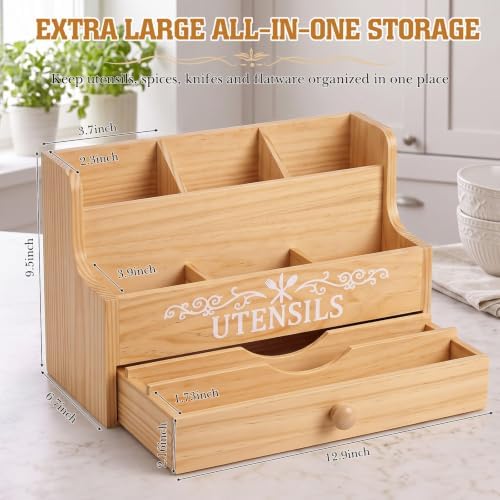 Wooden Kitchen Utensil Holder with Magnetic Knife Block, Natural - Image 2