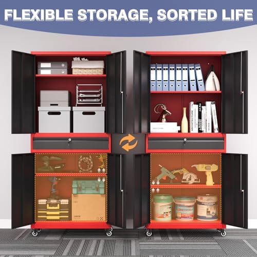 Metal Garage Storage Cabinet with Wheels, Rolling Garage Cabinet with Locking Doors and Adjustable Shelves, 73" Heavy Duty Steel Tool Cabinet with Drawer for Garage, Warehouse(Red Black) - Image 5