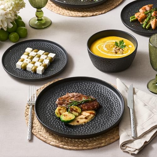 KINGSTONE 12-Piece Hammered Ceramic Dinnerware Sets, Matte Black - Image 7