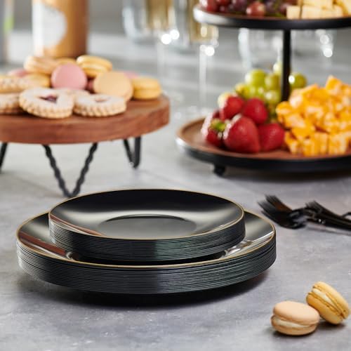 PLASTICPRO 64 Piece Combo Plate Set includes 32-7'' inch & 32-10'' inch Dinner Plates Black Plastic With Gold Rim Design Party Plates, Premium heavyweight Elegant, Disposable Plastic Construction - Image 4