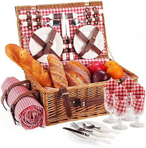 Red Plaid Wicker Picnic Basket for 4 with Waterproof Blanket by HYBDAMAI