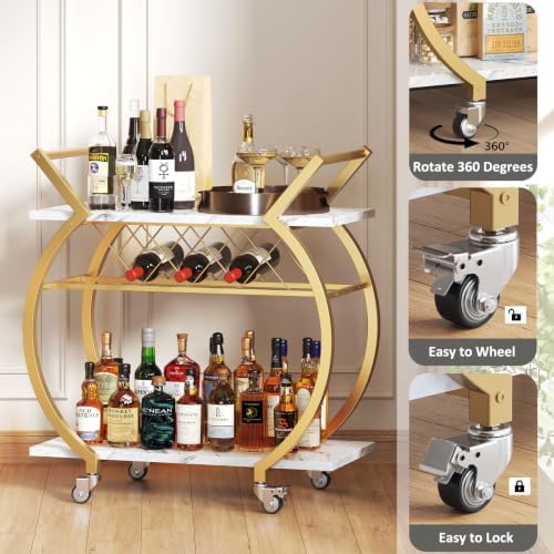 LVB Gold Bar Cart with Wheels, Modern White Marble Home Bar Serving Cart - Image 6