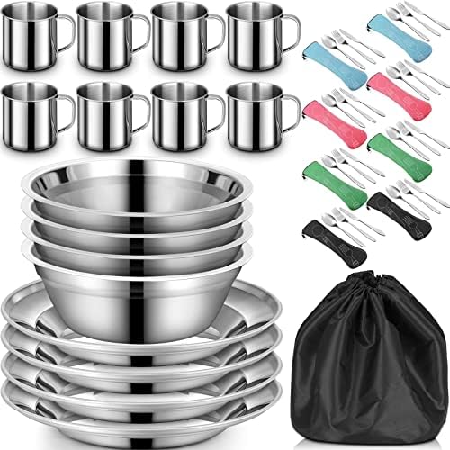 58 Pcs Camping Plates Cups and Bowls Set, Stainless Steel Dishes Mess Kit Utensils Tableware with Spoons Forks Knives Storage Bags for 8 Person Outdoor Camping Backpacking Hiking Travel Picnic by Pinkunn