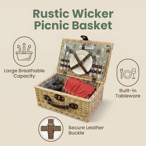 Multifunctional Wicker Picnic Basket Set for 2 Adult with Blankets & Flower - Image 5