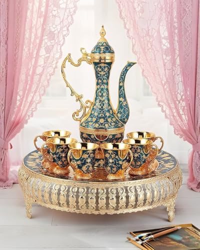 Turkish Tea Set Vintage Coffee Pot with Shiny Crystal Tray and 6 Cups for Home Party Table Decor Blue - Image 4