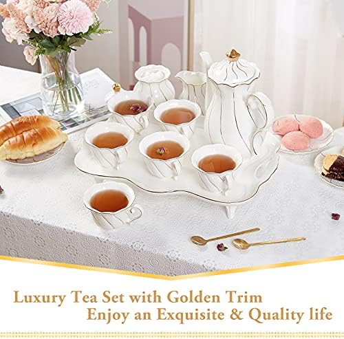 DUJUST 14 pcs Tea Set for 6 with Tea Tray & Spoons, Luxury British Style Coffee Cup Set with Golden Trim, Beautiful Porcelain Set for Living Room Decor, Tea Party Set, Gift Package - White - Image 2