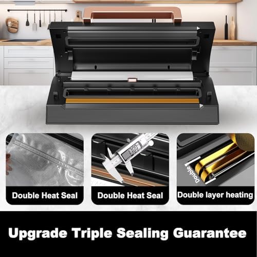 Powerful Suction Vacuum Sealer Machine,Commercial Fully Automatic Food Vacuum Sealer with Double Heat Seal,Dry & Moist Modes,Built-in Cutter,Bags Storage,Easy-Lock Handle,Include 2 Bag Rolls (Black) - Image 3