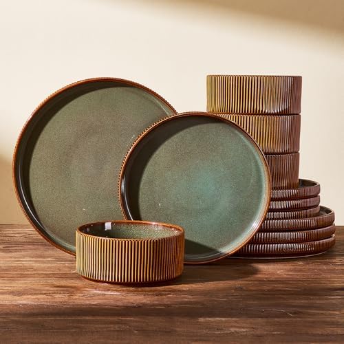 Dinnerware Set for 4, Reactive Glaze Plates and Bowls Sets by FamiwarePremium