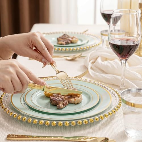WDF Partyware 175PCS Sage Green Plastic Plates - Heavy Duty Green Plates Disposable - 25Guests Plastic Dinnerware with Rolled Napkins for Birthday/Baby Shower - Image 3