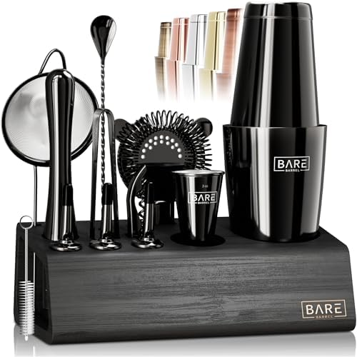 BARE BARREL® Mixology Bartender Kit Bar Set | 14-Piece Cocktail Shaker Set | Martini Barware Mixing Tools for Home Bartending | Incl. 35 Recipe Cards | Gift Set (28oz Boston Shaker, Jet Black/Black) by BareBarrel
