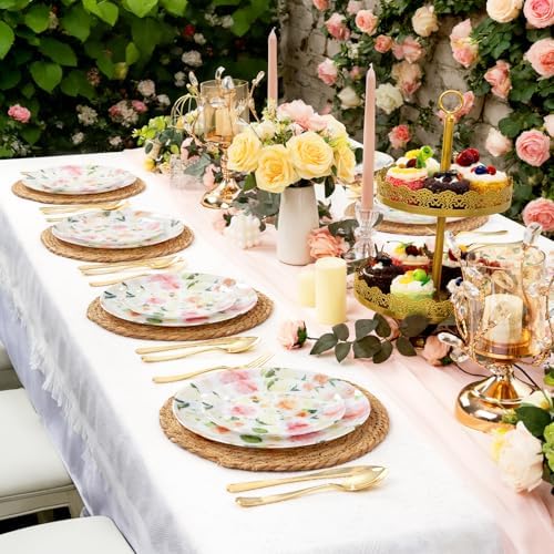 60 PCS Floral Plastic Plates - Pink Disposable Decorative Plates Include 30 Dinner Plate, 30 Dessert Plate for Wedding & Tea Party - Image 5