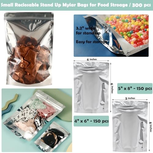 300-Pack Reclosable Small Mylar Bags for Food Storage 4" x 6" and 5" x 8" Stand Up Pouch Bags Resealable Smell Proof Aluminum Foil Bags with Clear Window Kitchen Storage Edible Packaging Bulk - Image 2