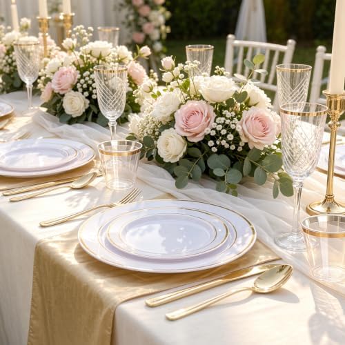 WELLIFE 600 PCS Gold & White Disposable Dinnerware Set for 100 Guests - Image 2