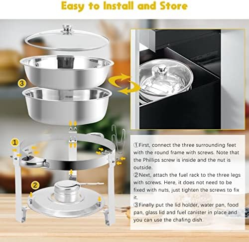 Chafing Dish Buffet Set 6 Packs, 5 QT Stainless Steel Round Chafing Dishes with Glass Lid & Lid Holder, Food Warmer For Parties Buffet Weddings Catering Events - Image 4