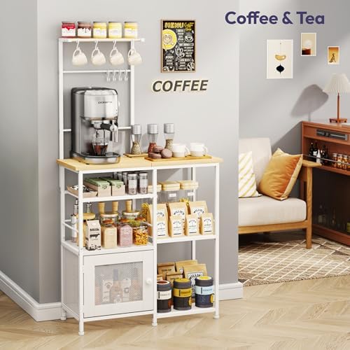 SWTYMIKI Bakers Rack with Storage - Coffee Bar Cabinet Organizer with 8 Hooks, Shelves & Cabinet Door, Coffee Station for Kitchen Dining Room, Microwave Stand with Adjustable Feet, White - Image 6