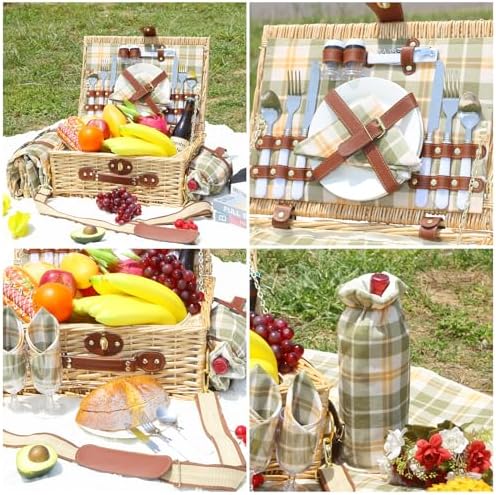 Wicker Picnic Basket for 2, Blanket & Wine Pouch, 16.6" Green - Image 3