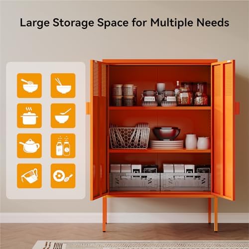 COFaR Orange Metal Storage Cabinet, 47”H Vibrant Coffee Bar & Buffet Sideboard with Adjustable Shelves, Fun Kitchen Organizer, Ventilated Steel Cabinet with Magnetic Doors for Dining Room, Office - Image 6