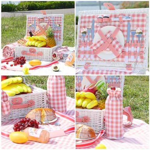 Pink Wicker Picnic Basket for 2, Blanket & Wine Pouch, 16.6" - Image 4