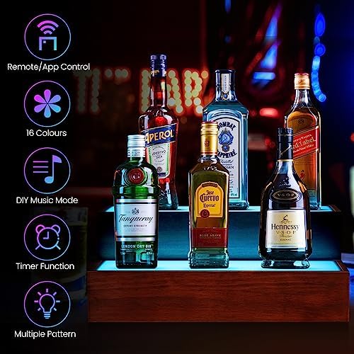 LED Liquor Bottle Display Shelf, 2 Tier Real Wood Bar Shelves for Liquor Bottles, Lighted Bar Bottle Display Shelf with Remote, Bottle Organizer for Home Bar, Holds Up to 10 Bottles, No Assembly - Image 4