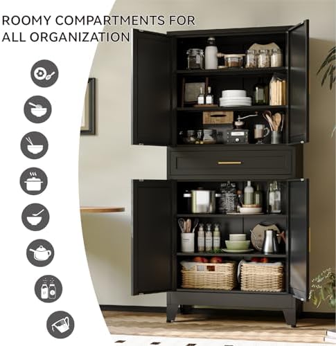 COFaR 71" Metal Pantry Cabinet with Drawer, Black Storage Cabinet with Adjustable Shelves, 3-Section Industrial Cupboard for Kitchen & Office - Image 5