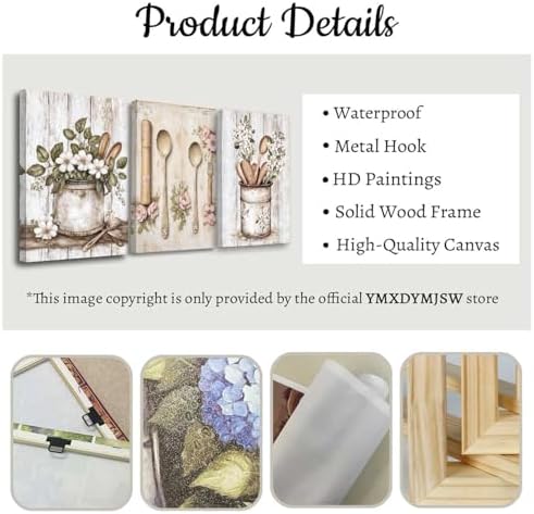 YMXDYMJSW Vintage Kitchen Wall Art 3 Piece Kitchenware Pictures Fork Knife Spoon Floral Canvas Print Farmhouse Floral Tableware Painting for Dining Room Home Decor (Beige, (20.00" x 28.00" x 3PCS)) - Image 6