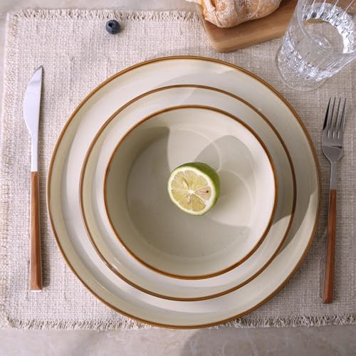 Famiware Nebula 24-Piece Dinnerware Set, Vanilla White with Brown Rim - Image 7