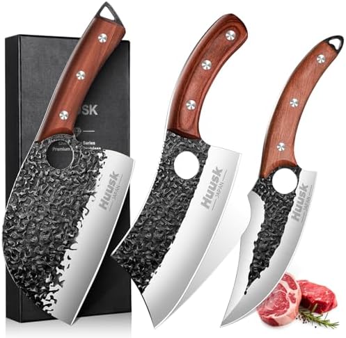 Huusk Kitchen Knife Set - Hand Forged Viking Chef Knives for Meat, Men Gift by HuuskKnife