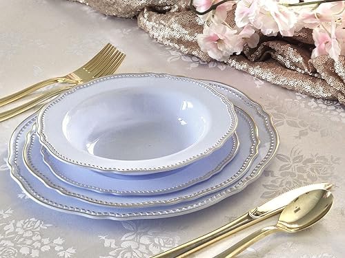 " OCCASIONS " 200pcs set (25 Guest)-Wedding Disposable Plastic Plates & cutlery - 10.25'', 7.5'' +paper napkins, Gold rim cups & Silverware (Rochelle Blue and Gold) - Image 6