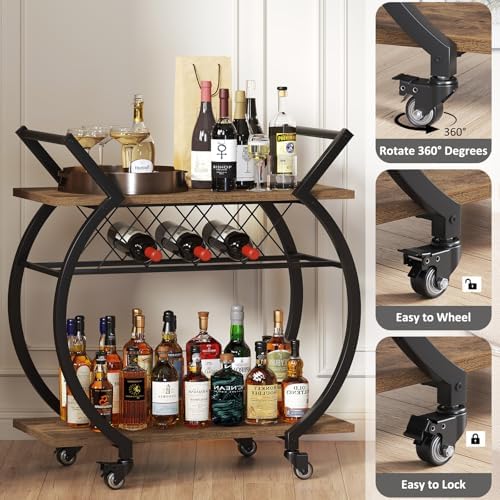 LVB Industrial Bar Cart, Beverage Serving Cart with Wheels, Rustic Brown - Image 5