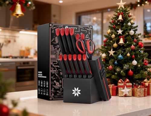 ASETY Knife Set with Block, 15 PCS Kitchen knife Set, Dishwasher Safe, Red - Image 6