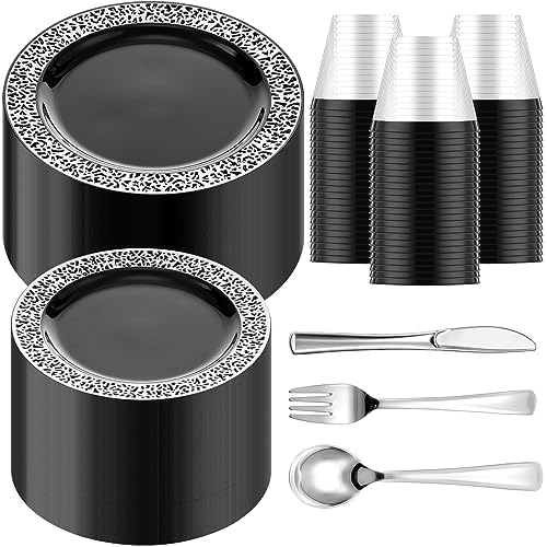 Norme 300 Pieces Disposable Plastic Dinnerware Set, 100 Plastic Plates, 150 Knives, Forks and Spoons with 50 Rimmed Cups for 50 Guests Wedding Party Supplies(Black Silver) by Norme
