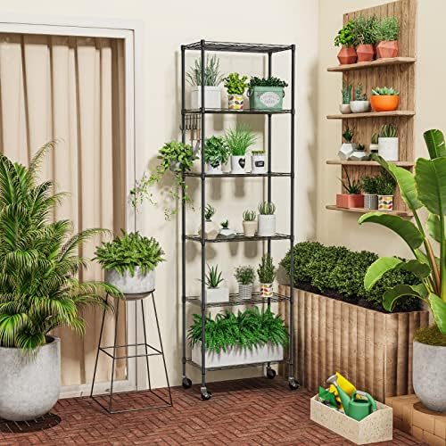Homdox 6-Tier Storage Shelf Wire Shelving Unit Free Standing Rack Organization with Caster Wheels, Stainless Side Hooks, Black - Image 4