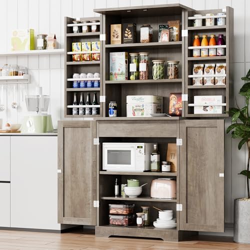 Vongrasig Kitchen Pantry Storage Cabinet with Barn Doors, Drawer and Adjustable Shelves, 6-Tier Tall Rustic Wood Cupboard Locker for Kitchen, Dining Room, Living Room, Bathroom, Rustic Grey by Vongrasig
