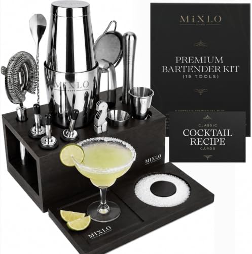 Mixology Bartender Kit -15Pcs Bar Set Cocktail Shaker Set w Black Bar Cart Accessories Stand - Shakers Bartending Silver Tools, 24oz Shaker, 17 Recipe Cards, Martini Barware by Home