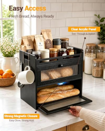 Bread Box for Kitchen Countertop, 2-Tier Bamboo Storage with Raised Shelf - Image 4