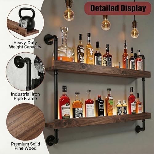 Wall Mounted Wine Rack with LED Light - 2-Tier Solid Wood Industrial Rustic Floating Shelves, Bottle Storage Organizer for Kitchen, Bar, Pub, Cellar, Home Bar (Walnut, 2-140cm/55.1in) - Image 4