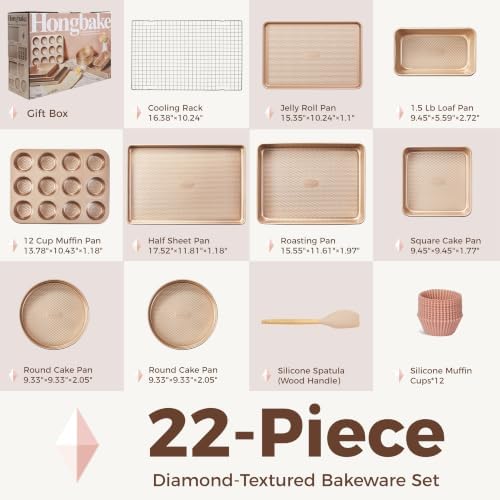 HONGBAKE 22-Piece Baking Pans Set Nonstick, Stackable Non Toxic Bakeware Sets with Diamond Texture, Oven Pan Set for Cooking, Includes Cookie Sheet with Rack, Cake Pan, Roasting Pan, Muffin Tin, Gold - Image 6