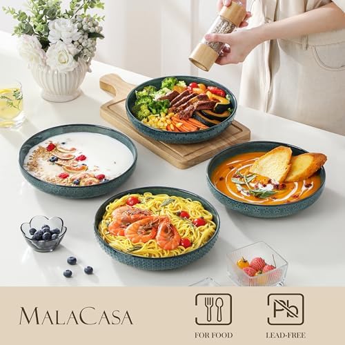 MALACASA 48 Oz Large Pasta Bowls, 9.5 Inch Ceramic Salad Bowls Serving Bowls, Wide and Shallow Plates Pasta Plates, Modern Relief Design, Microwave & Dishwasher Safe, Set of 4, Green, Series LYDIA - Image 3